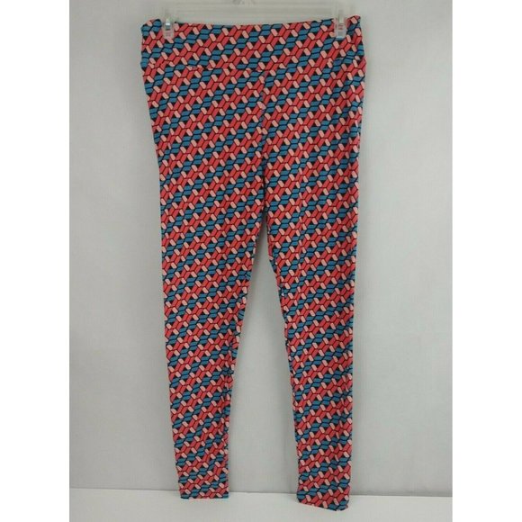 Lularoe Tall And Curvy Leggings Black With Blue & Pink Geometric Ribbons - Picture 1 of 6